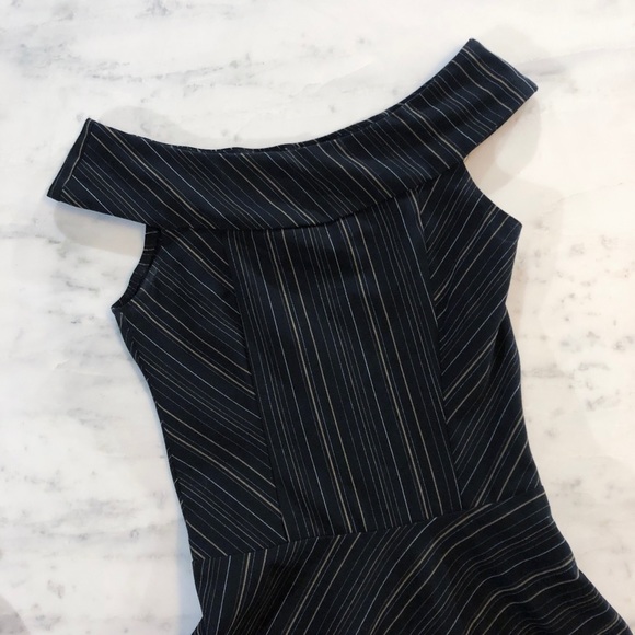 Black Stripe Off Shoulder Fit and Flair Dress - Picture 2 of 8